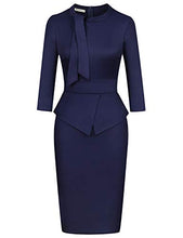 Load image into Gallery viewer, Moyabo Lady Formal Gorgeous Mock Collar Fall Special Occasion High Stretch Midi Dress Navy Blue Small
