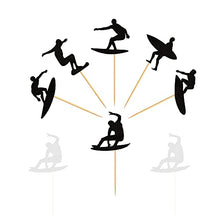 Load image into Gallery viewer, Ercadio 24 Pack Surfing Cupcake Toppers Black Glitter Surfboard Sport Cupcake Picks Surf Theme Baby Shower Kids Birthday Party Cake Decorations Supplies
