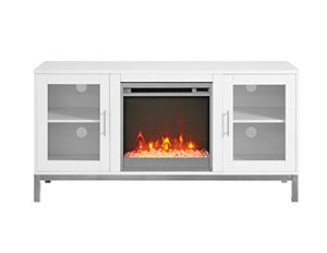 Walker Edison Furniture Company Modern Glass and Wood Fireplace Universal Stand with Open TV's up to 58" Flat Screen Living Room Storage Entertainment Center, White