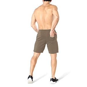 ZENWILL Mens Gym Running Shorts, Workout Athletic Bodybuilding Fitness Shorts with Zip Pockets (Small, Beige)