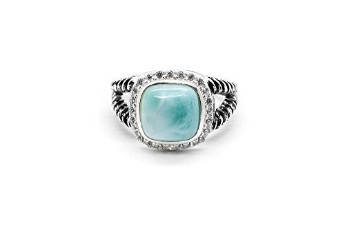AZIEL Natural Larimar 925 Sterling Silver Larimar Ring Size 7 Antique Style