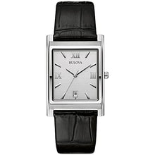 Load image into Gallery viewer, Bulova Men&#39;s Stainless Steel 3-Hand Calendar Date Quartz Watch with Black Leather Strap, Rectangle Dial Style: 96B107
