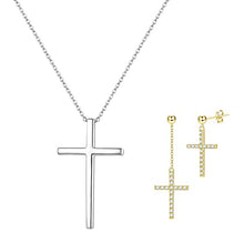 Load image into Gallery viewer, Fansilver S925 Sterling Silver Cross Dangle Drop Stud Earrings 925 Sterling Silver Cross Necklaces For Women 14K Gold Plated Tiny Pendant Necklace
