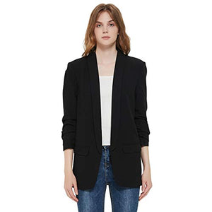 Charis Allure Womens 3/4 Ruched Sleeve Blazer Jacket Lightweight Work Office Open Front Solid Coat, Black, S