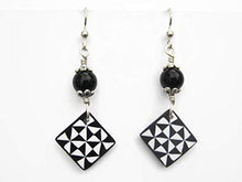 Load image into Gallery viewer, Pinwheel Quilt Block Earrings, Sterling Silver, Black Obsidian Quilters Jewelry, Limited Edition Polymer Clay HST
