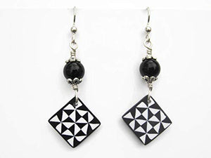 Pinwheel Quilt Block Earrings, Sterling Silver, Black Obsidian Quilters Jewelry, Limited Edition Polymer Clay HST
