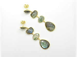 Large Labradorite Gold Plated Earring Silver 925, Green Moss Agate