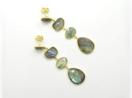 Large Labradorite Gold Plated Earring Silver 925, Green Moss Agate
