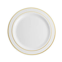 Load image into Gallery viewer, 100 Piece Plastic Party Plates White Gold Rim, 50 Premium Heavy Duty 10.25 Inch Dinner Plates and 50 Disposable 7.5 Inch Dessert Appetizer Elegant Fancy Heavy Duty Wedding Plates
