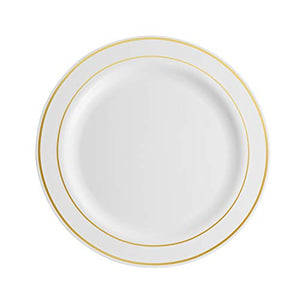 100 Piece Plastic Party Plates White Gold Rim, 50 Premium Heavy Duty 10.25 Inch Dinner Plates and 50 Disposable 7.5 Inch Dessert Appetizer Elegant Fancy Heavy Duty Wedding Plates