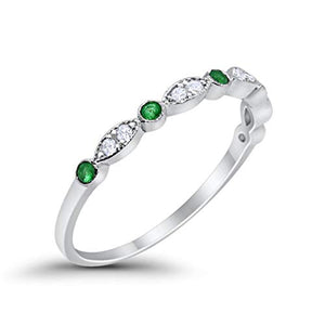 Blue Apple Co. 2mm Half Eternity Wedding Band Art Deco Design Round Simulated Emerald CZ 925 Sterling Silver, Size-7