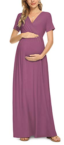 Xpenyo Women's Maternity Dresses Summer Casual Short Sleeve V Neck Wrap Long Maxi Dress Pregnancy Clothes for Baby Shower, Photoshoot, Party, Daily, Nursing, Mauve 2XL