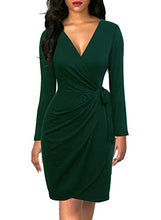 Load image into Gallery viewer, Berydress Women's Classic V-Neck Long Sleeve Casual Party Work Belted Knee-Length Sheath Faux Black Wrap Dress (M, 6090-Dark Green)
