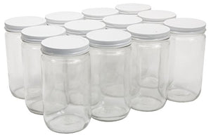 North Mountain Supply 32 Ounce Glass Quart Straight Sided Wide Mouth Canning Jars - With White Metal Lids - Case of 12
