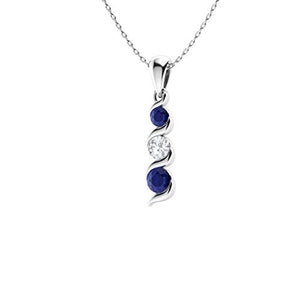 Diamondere Natural and Certified Diamond and Blue Sapphire Three Stone Petite Necklace in 14k White Gold | 0.22 Carat Pendant with Chain