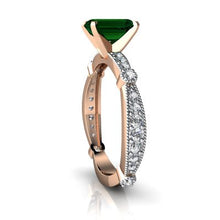 Load image into Gallery viewer, 14kt Rose Gold Lab Emerald and Diamond 7x5mm Emerald_Cut Milgrain Antique Style Ring - Size 4.5

