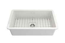 Load image into Gallery viewer, BOCCHI 1362-001-0120 Sotto Undermount Fireclay 32 in. Single Bowl Kitchen Sink with Protective Bottom Grid and Strainer in White
