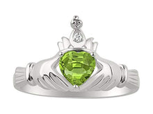 Load image into Gallery viewer, RYLOS Claddagh, Chaddah, Cladder Love, Loyalty Freindship Peridot &amp; Diamond Ring - August Birthstone
