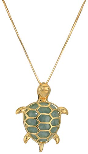 18k Yellow Gold Plated Sterling Silver Genuine Green Jade Turtle Pendant Necklace, 18