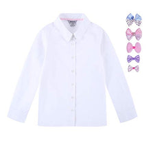 Load image into Gallery viewer, Bienzoe Girls School Uniform Oxford Long Sleeve Blouse Bowtie Pack White M

