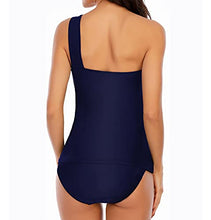 Load image into Gallery viewer, One Shoulder Swimsuits for Women Ruched Tankini Bathing Suits Athletic 2 Piece Bathing Suits Black S
