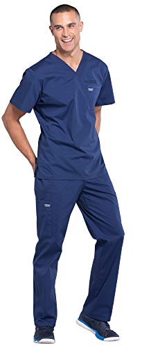 Cherokee Workwear Professionals Men's 1 Pocket V-Neck Scrub Top WW675 & Men's Drawstring Cargo Scrub Pants WW190 Medical Uniforms Scrub Set (Navy - Large/Medium)