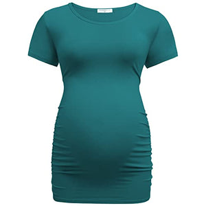 Bearsland Womens Maternity Tshirt 3 Packs Classic Side Ruched Tee Top Mama Pregnancy Clothes,Lakeblue+gyrstripe+Russetred,L