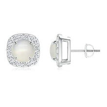 Load image into Gallery viewer, June Birthstone - Claw-Set Moonstone and Diamond Cushion Halo Stud Earrings in 14K White Gold (7mm Moonstone)
