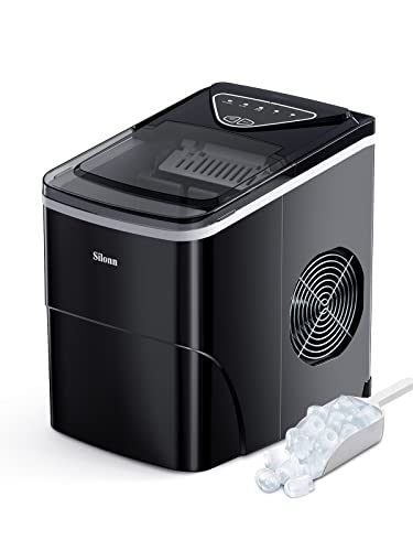 Silonn Ice Makers Countertop, 9 Cubes Ready in 6 Mins, 26lbs in 24Hrs, Self-Cleaning Ice Machine with Ice Scoop and Basket, 2 Sizes of Bullet Ice for Home Kitchen Office Bar Party