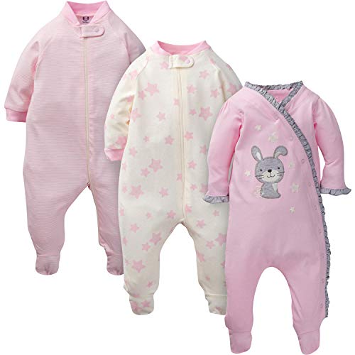 Gerber Baby Girls' 3-Pack Organic Sleep 'N Play, twinkle bunny, Newborn