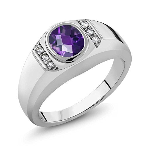 Gem Stone King 1.06 Ct Oval Checkerboard Purple Amethyst White Created Sapphire 925 Sterling Silver Men's Ring (Size 9)