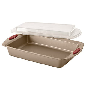 Rachael Ray 52410 Cucina Nonstick Bakeware Set with Baking Pans, Baking Sheets, Cookie Sheets, Cake Pan, Muffin Pan and Bread Pan - 10 Piece, Latte Brown with Cranberry Red Grip