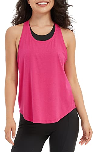 Lulucheri Women's Workout Racerback Tank Tops Pleated Loose Fit Yoga Athletic Running Exercise Shirts (Small, Pitaya Pink)
