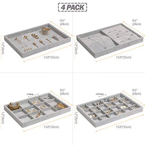 DIOMMELL 4 Pack Stackable Velvet Jewelry Trays Organizer, Jewelry Storage Box Display Trays Showcase Holder Closet Dresser Drawer Organizer for Earring Necklace Bracelet Ring Accessary, Grey
