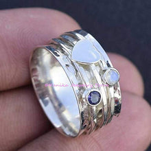 Load image into Gallery viewer, Amethyst and Moonstone Spinner Ring, 925 Sterling Silver Heart Designer Ring, Wide Band Ring, Hammered Meditation Ring (OPTIONS AVAILABLE FOR GEMSTONE &amp; HEART)
