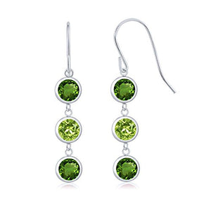 Gem Stone King 3.00 Ct Round Green Chrome Diopside Green Peridot 925 Sterling Silver 3 Stone Dangle Earrings