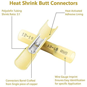 120 Pcs Heat Shrink Butt Connectors, AWG12-10 Waterproof Insulated Electrical Wire Connectors, Crimp & Shrink Butt Splice Connectors Terminal for Automotive Marine Truck Trailer Stereo (Yellow)