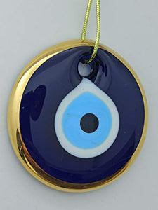 Erbulus Glass Blue Evil Eye Wall Hanging Gold Ornament – Turkish Nazar Bead - Home Protection Charm - Wall Decor Amulet in a Box