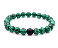 Load image into Gallery viewer, Set of 2 Womens Mens 8mm Handmade Couples Distance Beads Bracelets Friendship Couple Jewelry Round Energy Stone Beads Gemstone Beaded for Valentine Birthday (Malachite Stone &amp; Black Matte Agate)
