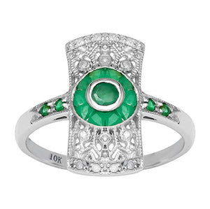 10k White Gold Antique Vintage Style Genuine Emerald and Diamond Ring