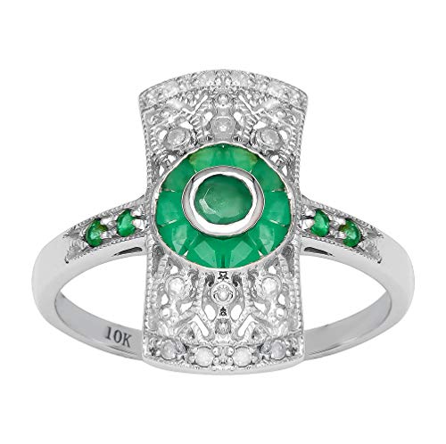 10k White Gold Antique Vintage Style Genuine Emerald and Diamond Ring