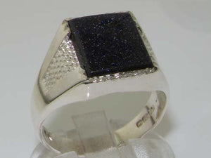 Gents Solid 925 Sterling Silver Blue Goldstone Mens Mans Signet Ring - Size 6.25 - Sizes 6 to 13 Available