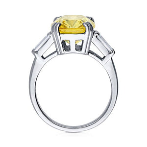 BERRICLE Rhodium Plated Sterling Silver Canary Yellow Cushion Cut Cubic Zirconia CZ Statement 3-Stone Cocktail Anniversary Fashion Right Hand Ring Size 7