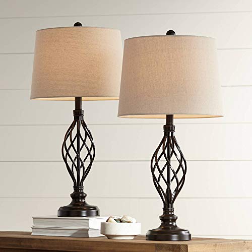 Annie Traditional Table Lamps Set of 2 Bronze Iron Scroll Tapered Cream Drum Shade for Living Room Family Bedroom - Franklin Iron Works