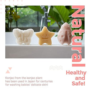 Konjac Baby Sponge for Bathing, Cute Shapes Natural Kids Bath Sponges for Infants, Toddler Bath Time, Natural and Safe Plant-Based Konjac Baby Bath Toys, 3pc. Set: Butterfly, Ladybug, Star