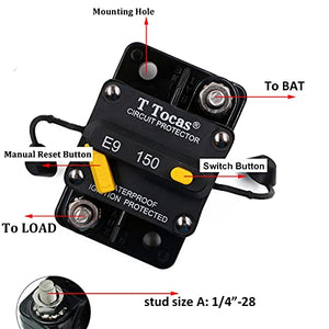 T Tocas 150 Amp Surface-Mount Circuit Breakers with Manual Reset and Switch Button for Boat Marine RV Yacht Battery Trailer Bus Truck Solar, 12V - 48V DC, Waterproof (150A)
