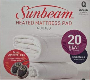 Sunbeam Queen Heated Quilted Mattress Pad with Dual Control and 5-Heat Settings, 100% Cotton