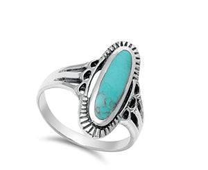 Women's Long Simulated Turquoise Beautiful Ring New .925 Sterling Silver Band Size 6