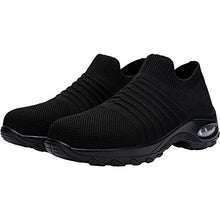 Load image into Gallery viewer, FENLERN Steel Toe Shoes for Women Lightweight Air Cushion Safety Sneakers Slip On Work Shoes Ladies Safety Toe Sock Sneaker Girls Walking Tennis Shoe (11, Dark Black)

