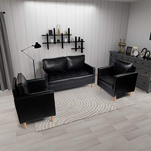 Load image into Gallery viewer, AILEEKISS Mid-Century Sectional Sofa Set Faux Leather Office 3 Pcs Couch Set with Armrest Modern Upholstered Loveseat Couches (1-Seater+1-Seater+2-Seater, Black)
